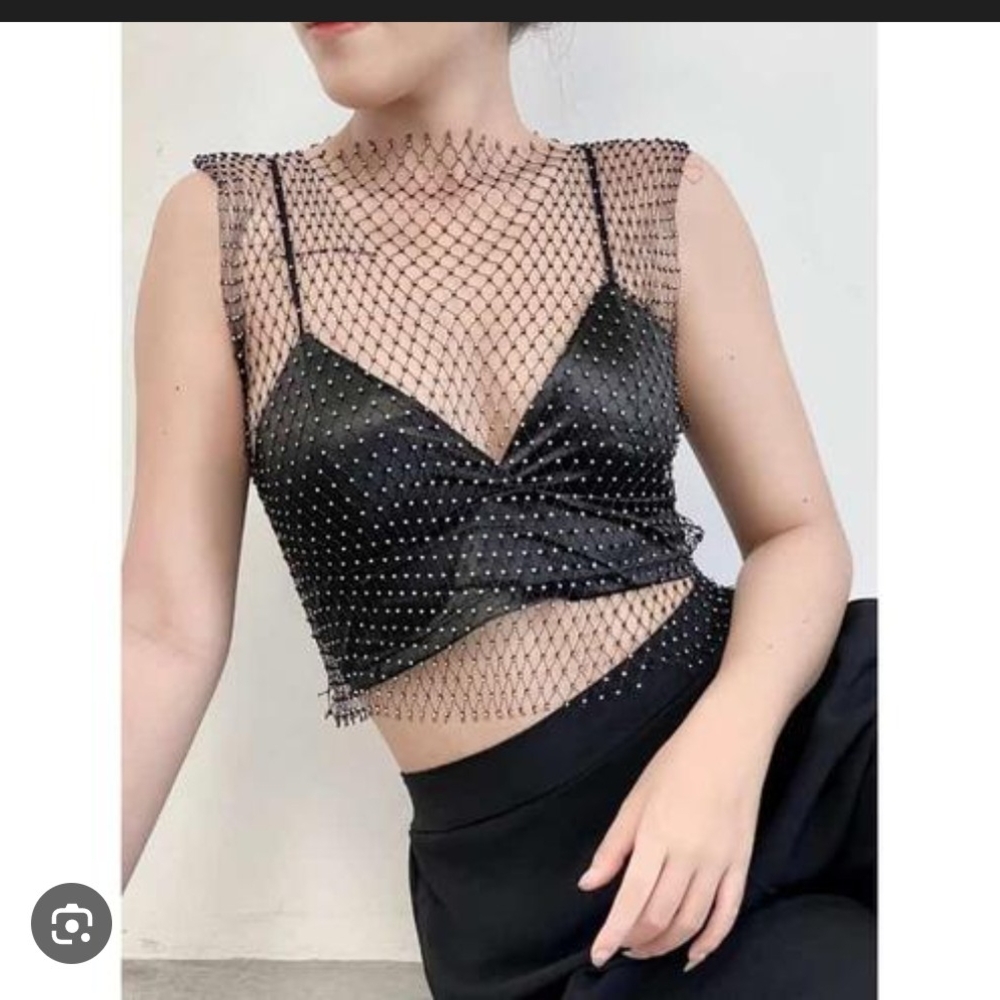 Cider Black Mesh Studded Crop Top